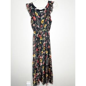 La Regazze Dress Maxi Flutter Sleeves Silk Blend Floral Print Black Medium